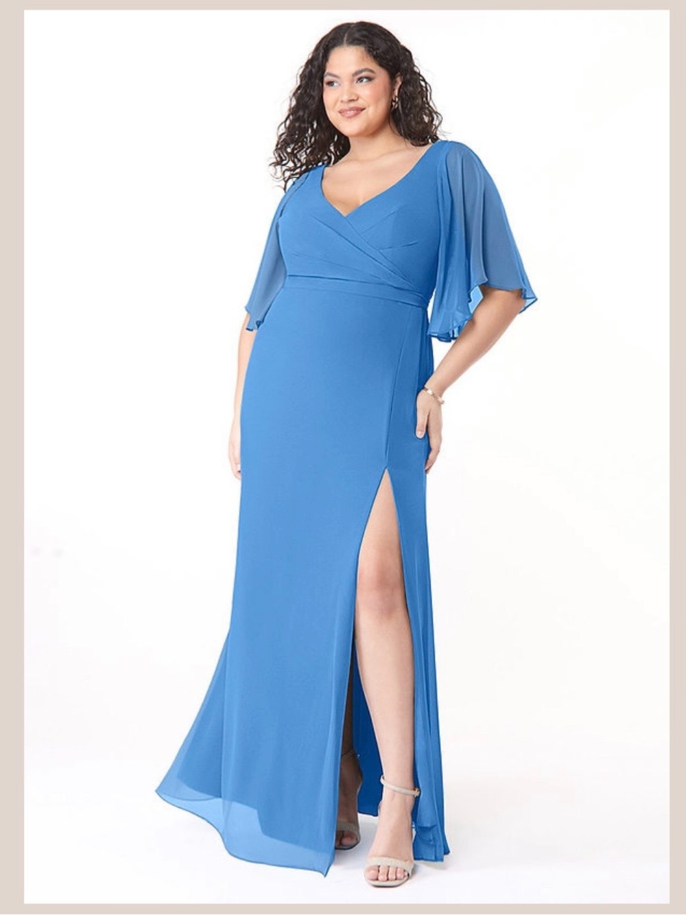 Azazie Cierra Elegant Plus-Size Blue V-Neck Gown with Flutter Sleeves